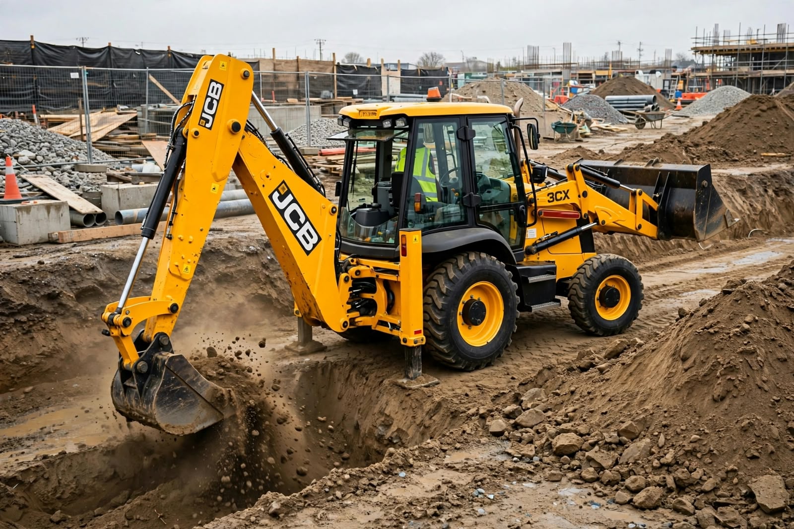Retroescavadeira JCB abrindo valeta em obra